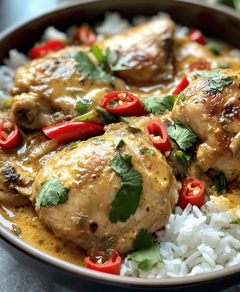 Brazilian cuisine is a vibrant tapestry of flavors, colors, and textures, reflecting the country’s rich cultural heritage and diverse geography. It draws inspiration from indigenous ingredients, Portuguese colonization, and African influences, resulting in a culinary style that celebrates bold flavors and fresh produce. Among the many delights that Brazilian cooking has to offer, <strong>Spicy Brazilian Coconut Chicken</strong> stands out as a dish that encapsulates the essence of the country’s culinary tradition.” /></p>
</p>
<h2>Cooking the Chicken to Perfection</h2>
</p>
<p>The heart of any great chicken dish lies in how the chicken is cooked. For our Spicy Brazilian Coconut Chicken, achieving the perfect texture and flavor balance is crucial. This section will guide you through the essential steps of browning the chicken thighs and then allowing them to simmer in a rich coconut milk sauce.</p>
</p>
<h3>Browning the Chicken Thighs</h3>
</p>
<p>To begin, heat a tablespoon of cooking oil in a large skillet over medium-high heat. It’s important to use a wide, heavy-bottomed skillet to ensure even heat distribution and to prevent the chicken from steaming, which can occur in a crowded pan.</p>
</p>
<p>Once the oil is hot, add the seasoned chicken thighs skin-side down. Searing the chicken serves two primary purposes: it locks in moisture and creates a complex flavor through the Maillard reaction, which occurs when proteins and sugars in the meat react under heat. This reaction adds depth and color to the chicken, making it more visually appealing and flavorful.</p>
</p>
<p>Allow the chicken to cook undisturbed for about 5-7 minutes until it develops a golden-brown crust. Avoid the temptation to move the chicken around too much; let it sit to achieve that perfect sear. Once browned, flip the thighs and cook for an additional 5 minutes. They do not need to be fully cooked at this stage, as they will finish cooking during the simmering process. Transfer the browned chicken to a plate and set aside.</p>
</p>
<h3>Simmering in Coconut Milk</h3>
</p>
<p>With the chicken set aside, it’s time to build the sauce. In the same skillet, add the chopped red bell peppers and sauté them for about 3 minutes, or until they soften. The bell peppers add not only color but also a sweet and slightly tangy flavor that complements the spices and coconut milk beautifully.</p>
</p>
<p>Next, pour in the coconut milk, scraping up any browned bits from the bottom of the pan—these bits are packed with flavor. Then, stir in garlic, ginger, and a mix of spices, including cumin, paprika, and a pinch of cayenne for heat. This combination creates a fragrant and rich sauce that will envelop the chicken as it simmers.</p>
</p>
<p>Return the browned chicken thighs to the skillet, nestling them into the coconut milk mixture. Bring the sauce to a gentle simmer—this is crucial. Cooking the chicken too aggressively can lead to tough, dry meat. Instead, let the dish bubble softly for about 25-30 minutes, or until the chicken is cooked through and tender. The gentle simmer allows the chicken to absorb the flavors of the spices while the coconut milk reduces to a luscious sauce.</p>
</p>
<h3>Final Adjustments and Serving Suggestions</h3>
</p>
<h4>Tasting and Adjusting Flavors</h4>
</p>
<p>As the dish nears completion, it’s essential to taste the sauce. The beauty of cooking is that flavors can always be adjusted. If you find the sauce needs a little more brightness, consider adding a squeeze of fresh lime juice. Alternatively, if you want to enhance the spice level, a sprinkle of chili flakes can elevate the heat. Stir well and allow the flavors to meld for an additional 5 minutes before plating.</p>
</p>
<h4>Garnishing and Presentation</h4>
</p>
<p>When it comes to serving, presentation plays a vital role in enhancing the dining experience. Once plated, sprinkle fresh cilantro over the top for a touch of color and freshness. This herb not only adds a vibrant green contrast but also complements the coconut’s richness. For an extra layer of flavor, consider adding thinly sliced red chili for a pop of heat and color.</p>
</p>
<h4>Serving Options</h4>
</p>
<p>Spicy Brazilian Coconut Chicken pairs beautifully with various side dishes. A bed of fluffy white rice serves as the perfect canvas for the coconut sauce to soak into, making every bite a delight. Alternatively, for a heartier option, crusty bread or warm naan can be served to scoop up the sauce. For a refreshing touch, a side salad with citrus dressing can balance the richness of the dish.</p>
</p>
<h3>Nutritional Information</h3>
</p>
<p>This Spicy Brazilian Coconut Chicken is not only a feast for the senses but also a nutritious option. Chicken thighs are a great source of protein, providing essential amino acids needed for muscle repair and growth. The coconut milk contributes healthy fats, particularly medium-chain triglycerides (MCTs), which are known for their quick digestion and energy-boosting properties. Additionally, red bell peppers are rich in vitamins A and C, providing antioxidants that support overall health. This dish strikes a balance between protein, healthy fats, and vitamins, making it a wholesome choice for any meal.</p>
</p>
<h3>Cultural Context and Variations</h3>
</p>
<p>Coconut chicken dishes are prevalent in Brazilian cuisine, showcasing the country’s love for rich, tropical flavors. The use of coconut milk reflects Brazil’s diverse agricultural landscape, particularly in coastal regions where coconuts thrive. This dish not only embodies the essence of Brazilian cooking but also celebrates the fusion of indigenous, African, and Portuguese influences that shape the culinary traditions of the country.</p>
</p>
<p>For those looking to accommodate dietary preferences, this recipe can easily be modified. Consider substituting chicken with firm tofu or chickpeas for a vegetarian or vegan alternative. The cooking method remains the same, allowing the coconut milk and spices to create a deliciously creamy sauce that can be enjoyed by everyone.</p>
</p>
<h3>Conclusion</h3>
</p>
<p>In summary, Spicy Brazilian Coconut Chicken is a vibrant dish that promises to transport you to the sun-soaked beaches of Brazil with every bite. This recipe beautifully combines the richness of coconut milk, the warmth of spices, and the freshness of bell peppers to create a comforting and satisfying meal. By following the steps outlined, you can create a dish that not only tantalizes the taste buds but also nourishes the body.</p>
</p>
<p>We encourage you to try making this dish at home and share it with family and friends. Whether it’s for a special occasion or a casual weeknight dinner, this Spicy Brazilian Coconut Chicken is sure to impress and delight. Embrace the flavors of Brazil and bring a taste of this tropical paradise to your kitchen. Enjoy the journey of cooking and the joy of sharing this incredible dish!</p>
<div id=