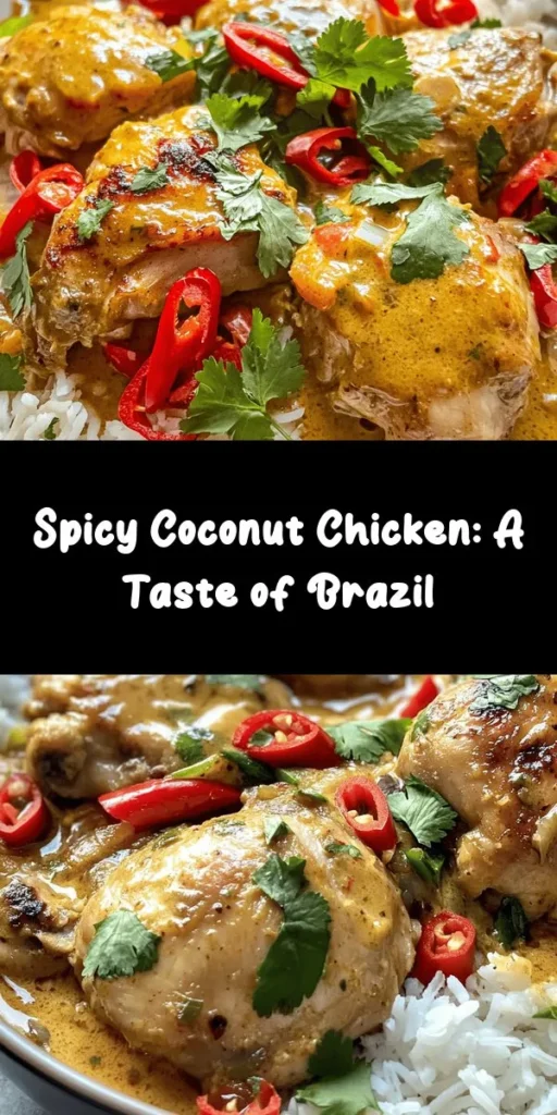Indulge in the flavors of Brazil with this Spicy Brazilian Coconut Chicken! This delicious dish combines tender chicken thighs marinated in lime juice with a vibrant coconut milk sauce infused with garlic, ginger, and fresh chilies. Perfectly spiced, serve it over rice or alongside crusty bread to soak up every drop of the rich sauce. Quick to prepare and bursting with flavor, it's a fantastic choice for your weeknight dinners. Enjoy a taste of tropical paradise!