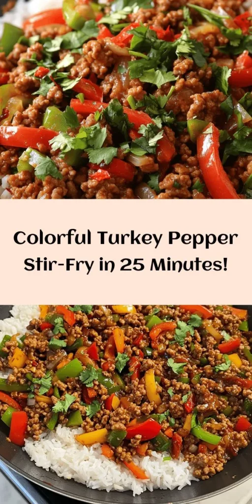 Brighten up your dinner routine with this Sizzling Ground Turkey & Pepper Stir-Fry! This quick and easy recipe features lean ground turkey, colorful bell peppers, and aromatic garlic and ginger. Ready in just 25 minutes, it's a flavorful meal that pairs perfectly with jasmine rice or quinoa. Seasoned with soy and hoisin sauce, it's a family-friendly dish that's customizable with your favorite veggies and optional heat. Garnish with fresh cilantro for a burst of flavor!