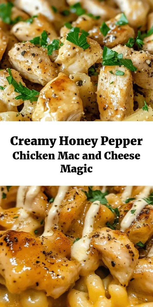 Indulge in the creamy goodness of Honey Pepper Chicken Mac and Cheese Delight! This mouthwatering recipe combines al dente elbow macaroni with tender, honey-coated chicken, and a rich blend of sharp cheddar and Parmesan cheese. Ready in just 30 minutes, it's perfect for busy weeknights. With a hint of black pepper and a touch of smoked paprika, each bite is bursting with flavor. Serve garnished with fresh parsley for a delicious finish!
