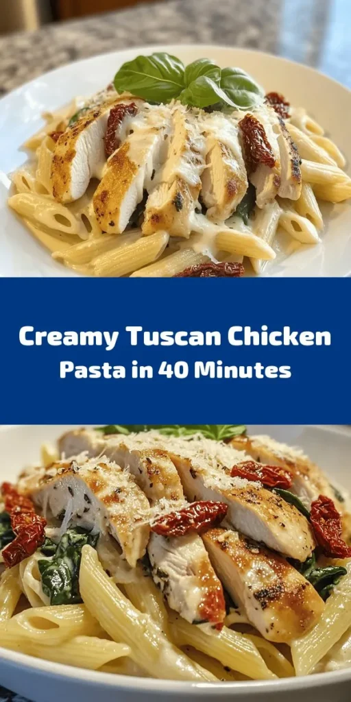 Indulge in this delicious Easy Tuscan Chicken Pasta, perfect for a cozy dinner. This creamy pasta dish features tender chicken, sun-dried tomatoes, fresh spinach, and a blend of Italian flavors. With just a few simple steps, you’ll have a hearty meal ready in under 40 minutes. Garnished with fresh basil and a sprinkle of Parmesan, it’s sure to impress! Get ready to savor every bite! 🍝🌿 #PastaRecipe #TuscanChicken #EasyDinnerIdeas