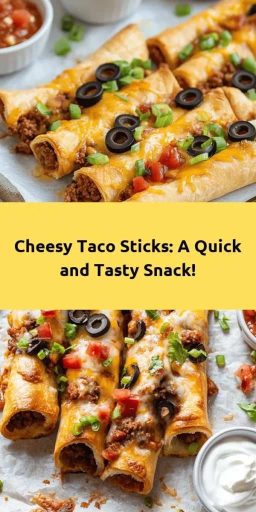 Spice up your snack game with these delicious Cheesy Taco Sticks! Made with ground beef or turkey, taco seasoning, and a blend of cheddar and Monterey Jack cheese, these crescent roll delights are a perfect handheld treat. Bake them to golden perfection in just 30 minutes, and serve with salsa and sour cream for the ultimate flavor boost. Great for parties or a fun family meal, they’re sure to please everyone! Give this easy recipe a try today!