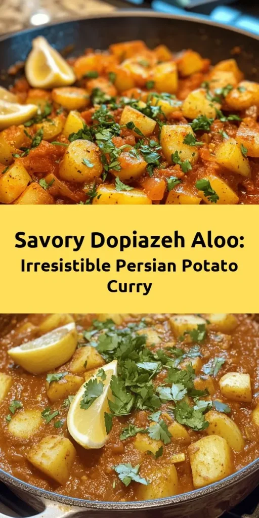 Discover the delightful flavors of Dopiazeh Aloo, a Persian potato curry that's sure to impress! This easy recipe combines tender potatoes with caramelized onions, aromatic spices, and a rich tomato base. Featuring ingredients like cumin, turmeric, and garam masala, it delivers a fragrant, satisfying dish. Serve it warm with rice or naan and top with fresh cilantro and lemon for a burst of flavor. Perfect for a cozy dinner night!