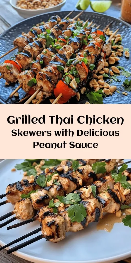Spice up your mealtime with these Easy Grilled Thai Chicken Skewers served with a creamy peanut sauce! Perfect for summer grilling, this recipe features tender marinated chicken thighs bursting with flavor from soy sauce, lime juice, and garlic. The homemade peanut sauce, smooth and rich, adds a delightful twist. It's a fantastic choice for a quick dinner or party appetizer that will impress everyone. Ready in just an hour, this dish is sure to be a hit!