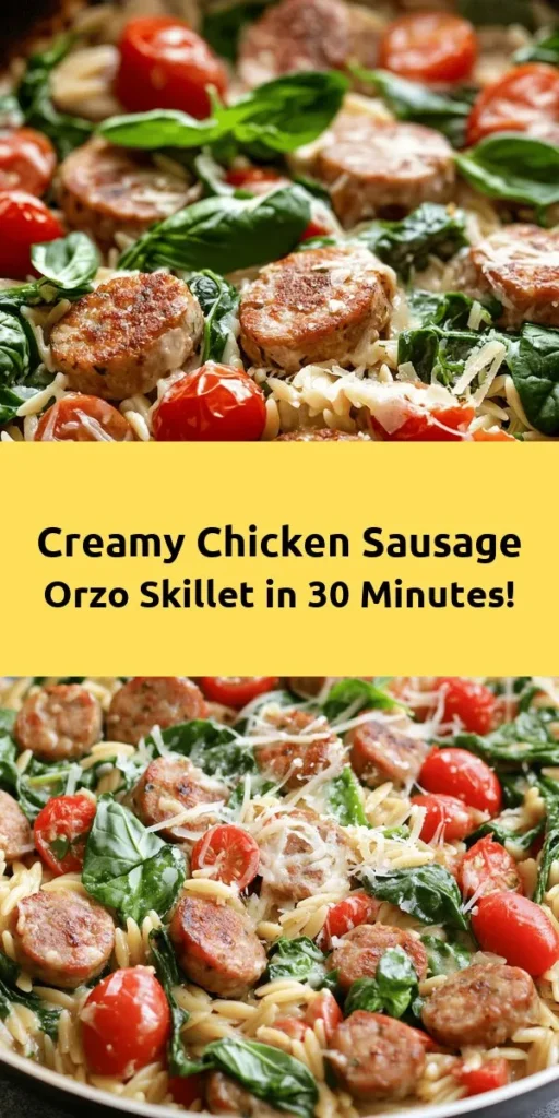 Dive into this creamy chicken sausage orzo skillet for a delicious and satisfying meal! With tender orzo pasta, savory chicken sausage, fresh spinach, and cherry tomatoes all simmered in a rich sauce, it's perfect for weeknight dinners. Ready in just 30 minutes, this dish combines simple ingredients for a comforting experience. Garnish with fresh basil and grated Parmesan for the ultimate touch. Your family will love this flavorful one-pan wonder!