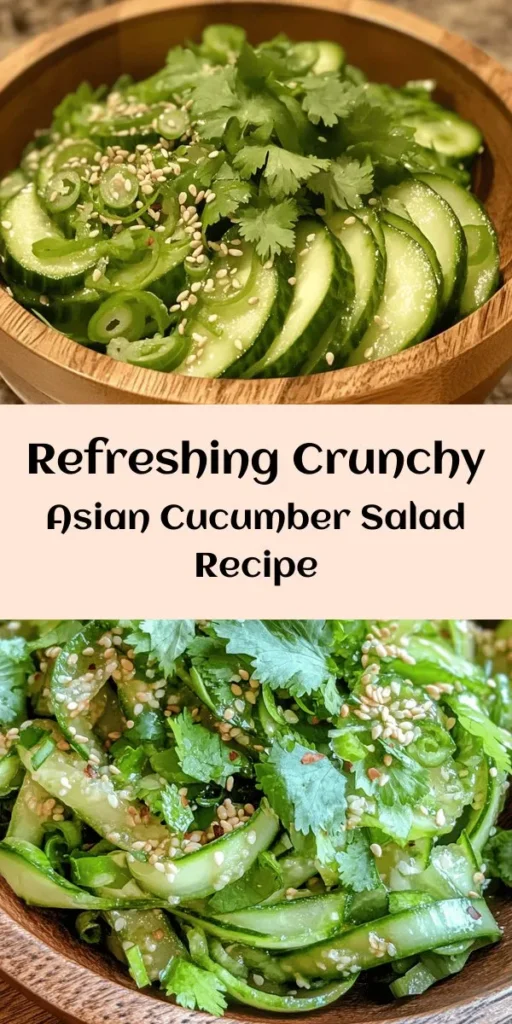 Elevate your meal with this Crunchy Asian Cucumber Salad! Made with fresh cucumbers and tossed in a tangy dressing of rice vinegar, soy sauce, sesame oil, and a hint of ginger, this salad is the perfect refreshing side. It takes just 10 minutes to prepare and is packed with flavor from toasted sesame seeds and green onions. Ideal for pairing with your favorite Asian dishes or enjoying on its own, this salad is a delicious way to stay cool!