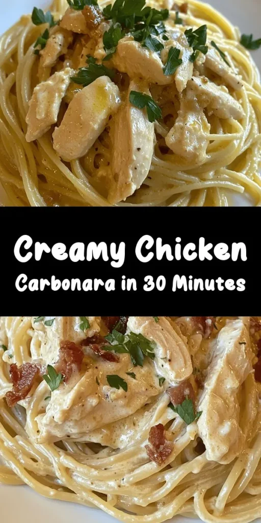 Indulge in the creamy goodness of the best-ever Chicken Carbonara! This delightful dish combines al dente spaghetti with tender chicken and crispy pancetta, all coated in a rich and velvety sauce made from eggs, heavy cream, and Parmesan cheese. Ready in just 30 minutes, this recipe is perfect for weeknight dinners or special occasions. Garnish with fresh parsley for a burst of flavor and serve with extra Parmesan on the side. Enjoy a restaurant-quality meal at home!