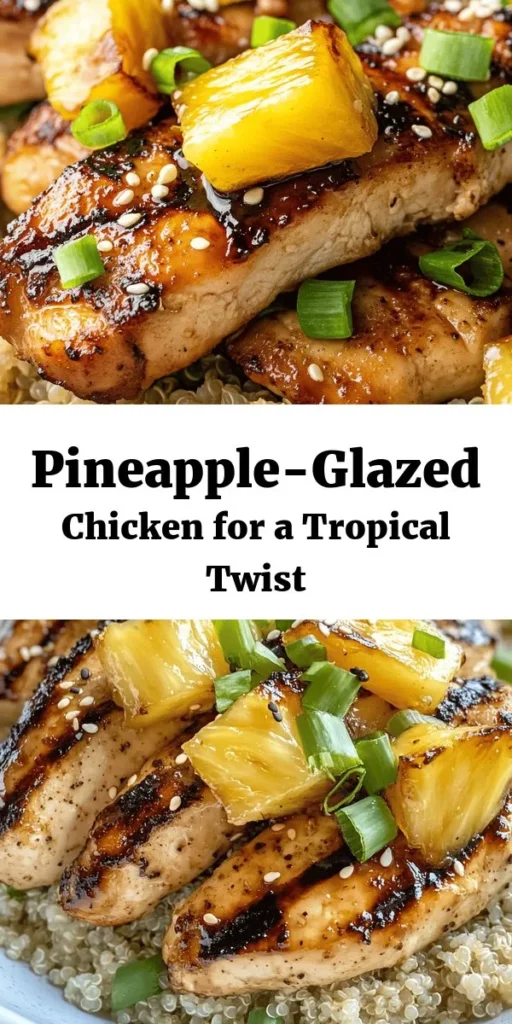Enjoy a taste of the tropics with this delicious Tropical Pineapple-Glazed Chicken! This recipe features juicy chicken breasts marinated in a flavorful blend of fresh pineapple juice, soy sauce, and spices. Grill them to perfection, adding sweet, caramelized pineapple to the mix. Serve over rice or quinoa and finish with green onions and sesame seeds for a meal that’s not only vibrant but also bursting with flavor. Perfect for summer barbecues or a quick weeknight dinner!