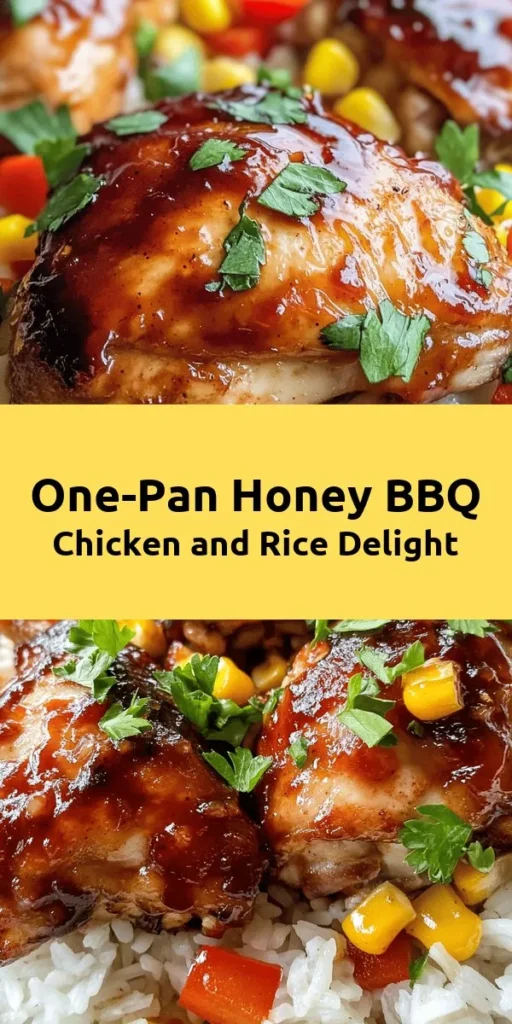 Indulge in this delicious One-Pan Honey BBQ Chicken Rice recipe that will make your weeknight dinners a breeze! Perfectly seasoned chicken thighs cook alongside fluffy rice in a sweet and savory honey BBQ sauce, all in one skillet. With vibrant veggies and optional corn, this dish is not only simple to prepare but also packed with flavor. Ready in just 45 minutes and serves four, it's a satisfying meal the whole family will love. Don't forget to garnish with fresh parsley for that extra touch!