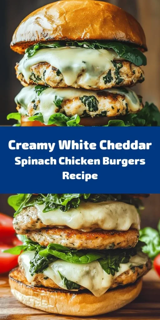 Treat your taste buds to these creamy white cheddar and spinach chicken burgers! Made with juicy ground chicken, fresh spinach, and rich white cheddar, these flavorful patties are easy to prepare and perfect for a quick weeknight dinner. Simply mix the ingredients, shape into patties, and grill to golden perfection. Serve on toasted buns with your favorite toppings and enjoy a deliciously satisfying meal ready in just 30 minutes.