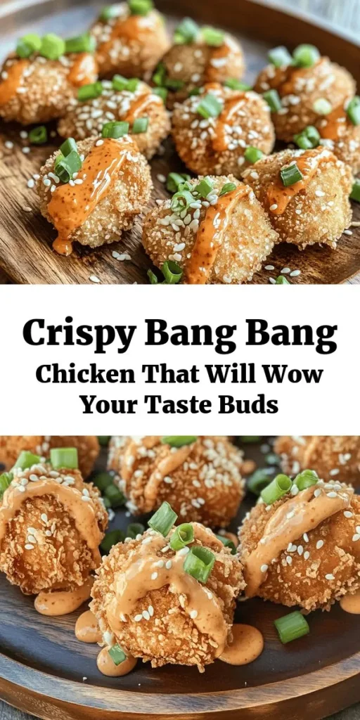 Get ready to indulge in crispy Bang Bang Chicken! This easy recipe features juicy chicken thighs battered and fried to golden perfection, then tossed in a delicious spicy-sweet sauce. With simple ingredients like panko, mayonnaise, and sriracha, it’s perfect for a weeknight dinner or a fun gathering. Garnish with fresh green onions and sesame seeds for a burst of flavor. Your taste buds will thank you!
