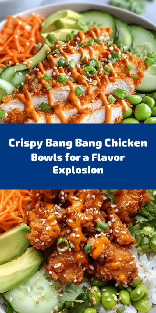 Savor the flavors of these Bang Bang Chicken Bowls! Perfectly breaded and fried chicken sits atop a bed of rice, accompanied by vibrant veggies like carrots, cucumber, and avocado. Drizzle on a creamy Bang Bang sauce for that delightful sweet and spicy kick. This dish is not only delicious but also visually stunning, making it perfect for meal prep or a quick family dinner. Quick to make and packed with flavor, it’s a must-try recipe!