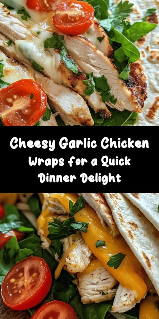 Looking for a quick and tasty meal? Try these Cheesy Garlic Chicken Wraps! Made with juicy chicken breasts, melty mozzarella and cheddar, fresh spinach, and cherry tomatoes, these wraps are bursting with flavor. They're easy to assemble and toast to perfection for a delightful crunch. Perfect for lunch or a satisfying dinner, serve them with your favorite dipping sauce for an extra kick. Ready in just 30 minutes, this recipe is sure to impress!