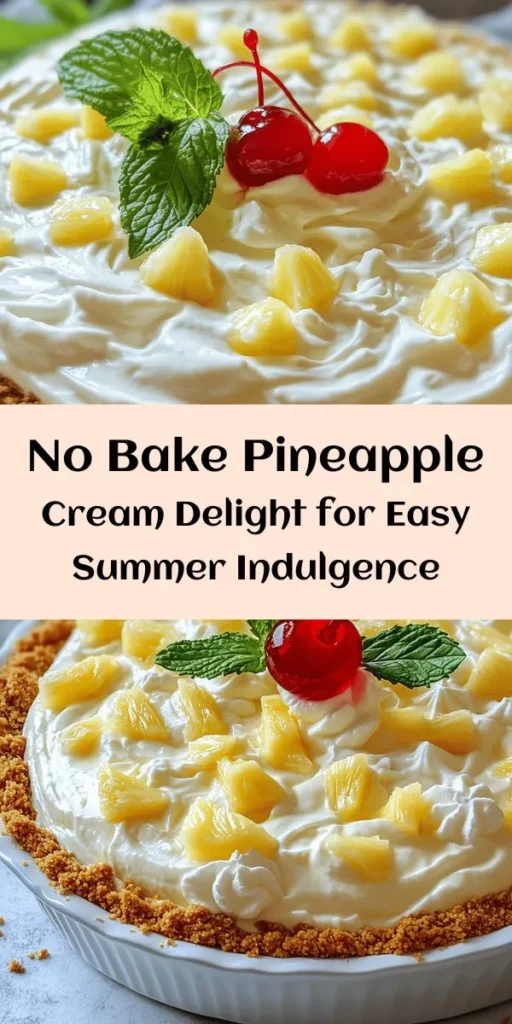 Looking for a refreshing dessert that’s easy and delicious? Try this No Bake Pineapple Cream Delight! Made with layers of creamy pineapple filling, sweetened condensed milk, and a buttery graham cracker crust, this treat is perfect for warm days. With just a few simple steps, you'll have a light and airy dessert that chills in the fridge and is ready to impress. Garnish it with maraschino cherries and mint for the perfect finishing touch. Enjoy a slice of paradise!