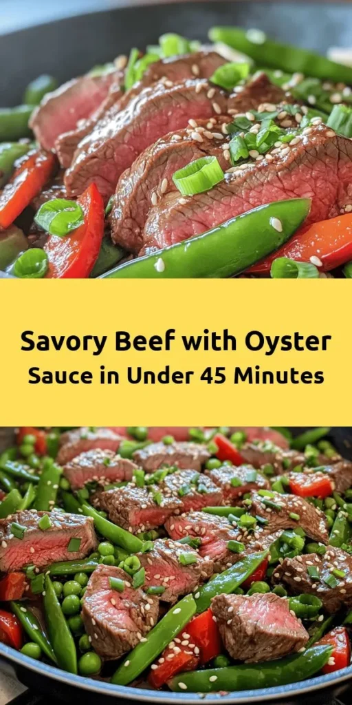 Indulge in this Savory Beef with Oyster Sauce Delight, a quick and flavorful dish perfect for any night of the week! Tender sirloin marinated in a luscious blend of oyster and soy sauce is sautéed with garlic, ginger, and colorful veggies like bell peppers and snap peas. Ready in just 45 minutes, it serves four and is sure to impress! Garnish with green onions and sesame seeds for an extra touch. Enjoy a taste of gourmet at home!
