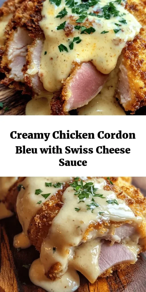 Indulge in the flavors of this delicious Chicken Cordon Bleu, perfectly paired with a creamy Swiss cheese sauce. This recipe features tender chicken breasts rolled with ham and Swiss cheese, breaded for a crispy finish and baked to perfection. Drizzle it with a rich, velvety cheese sauce made with heavy cream, garlic, and Dijon mustard for a mouthwatering touch. Perfect for dinner and sure to impress your family or guests! Enjoy every bite!