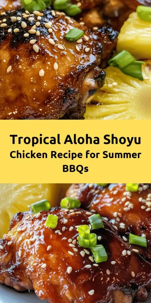 Get ready to taste the tropics with this delicious Aloha Shoyu Chicken! This easy recipe combines juicy chicken thighs marinated in a flavorful mix of soy sauce, brown sugar, pineapple juice, garlic, and ginger for an irresistible blend of sweet and savory. Grill or bake to perfection, then garnish with green onions and sesame seeds. Perfect for a summer BBQ or a quick weeknight meal. Serve with fresh pineapple for a complete tropical feast!