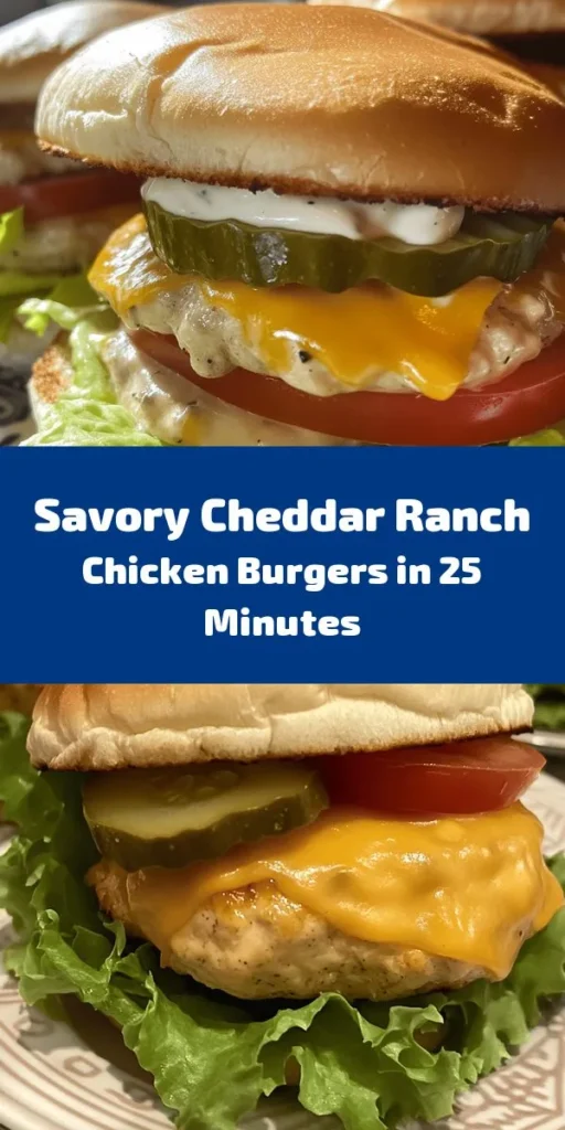 Looking for a flavorful twist on chicken burgers? Try these Easy Cheddar Ranch Chicken Burgers! This recipe combines ground chicken with sharp cheddar, ranch seasoning, garlic, and onion for a tasty patty that's easy to whip up. Ready in just 25 minutes, these burgers are perfect for a quick weeknight dinner. Serve them on toasted buns with mayo, lettuce, tomato, and pickles for a delicious meal the whole family will love. Enjoy!
