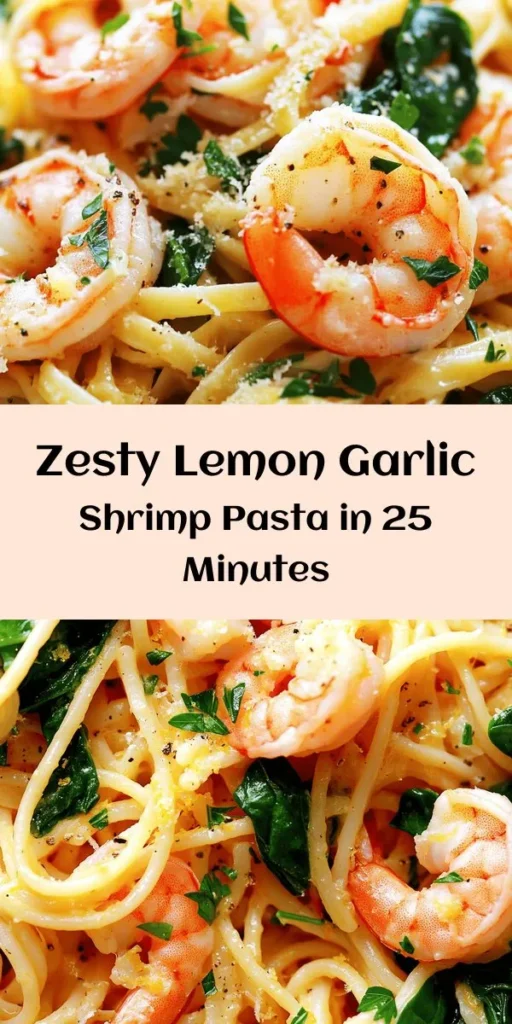 Brighten up your dinner table with this Zesty Lemon Garlic Shrimp Pasta! This quick and delicious recipe combines succulent shrimp, fresh spinach, and perfectly cooked spaghetti or linguine, all tossed in a tangy lemon garlic sauce. Ready in just 25 minutes, it’s perfect for busy weeknights or impressing guests. With a hint of red pepper flakes and a sprinkle of Parmesan, this dish is bursting with flavor. Garnish with fresh parsley for an extra touch!