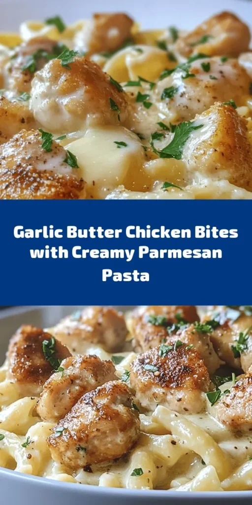 Indulge in this mouthwatering Garlic Butter Chicken Bites with Savory Creamy Parmesan Pasta! Quick and easy to make, this delicious dish features tender chicken pieces sautéed in fragrant garlic butter and served over rich, creamy pasta. Perfect for a weeknight dinner, you’ll love how the flavors come together with just a few simple ingredients. Garnish with fresh herbs for a delightful presentation. Enjoy a taste of comfort in every bite!
