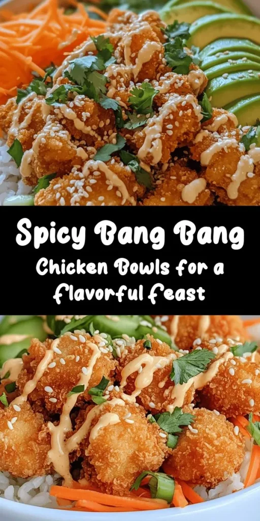 Elevate your mealtime with these Bang Bang Chicken Bowls! This flavorful dish features crispy fried chicken coated in a delicious blend of spices and topped with a zesty Bang Bang sauce. Served over a fluffy bed of jasmine rice and loaded with fresh veggies like cucumber and avocado, this bowl is perfect for a quick dinner or meal prep. Easy to make and packed with flavor, your family will love this satisfying dish. Don't forget to add a sprinkle of sesame seeds and cilantro for the perfect finish!