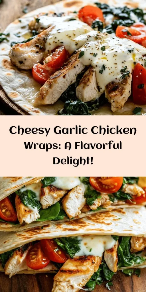 Savor the deliciousness of Cheesy Garlic Chicken Wraps! This easy recipe features tender chicken breasts sautéed with Italian herbs, creamy garlic cheese spread, fresh spinach, and juicy tomatoes all wrapped in a crispy tortilla. Perfect for a quick lunch or dinner, these tasty wraps can be made in just 30 minutes. Serve warm for melty cheese goodness, and don’t forget to add a sprinkle of red pepper flakes for an extra kick!