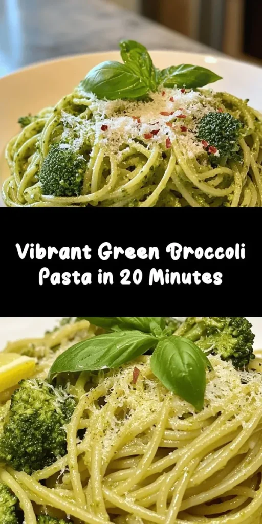 Whip up a quick and delicious Vibrant Green Broccoli Pasta that's both healthy and satisfying! This recipe combines whole grain pasta with fresh broccoli, garlic, and a zesty lemon finish, all topped with Parmesan cheese or nutritional yeast for a vegan twist. Perfect for a weeknight dinner, this dish is packed with flavor and nutrients. In just 20 minutes, you can have a colorful plate that’s as tasty as it is nutritious. Enjoy garnished with fresh basil!