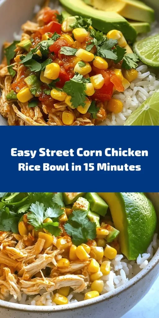Whip up a delicious Easy Street Corn Chicken Rice Bowl in just 15 minutes! This recipe combines fluffy rice with savory shredded chicken, sweet corn, creamy avocado, and fresh cilantro, all brought together with a squeeze of lime and a hint of chili powder. Perfect for a quick weeknight dinner or a tasty lunch. Customize with hot sauce for an extra kick! Ready to impress your taste buds? Enjoy this flavorful and satisfying meal!