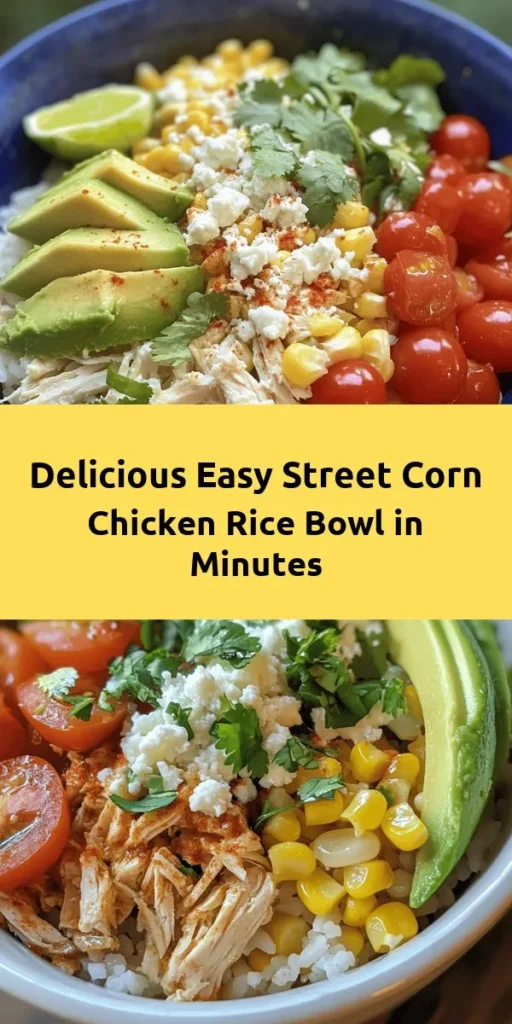 Create a delicious and colorful meal in just 10 minutes with this Easy Street Corn Chicken Rice Bowl! Packed with cooked white rice, grilled chicken, sweet corn, and fresh cherry tomatoes, this bowl is bursting with flavor. Top it off with creamy avocado, crumbled cotija cheese, and a squeeze of lime for the perfect finishing touch. Garnish with cilantro for an extra pop. It's an easy, satisfying dish the whole family will love!