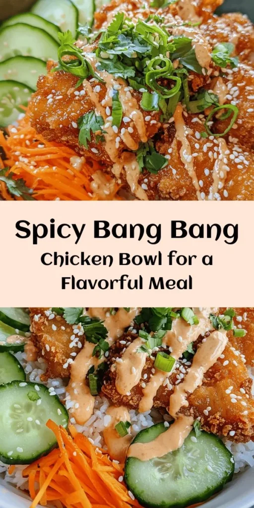 Whip up a delicious Bang Bang Chicken Bowl in just 30 minutes! This flavorful dish features crispy chicken thighs tossed in a zesty sauce made from mayo, sweet chili, and sriracha, served over a bed of jasmine rice. Topped with crunchy carrots, refreshing cucumber, and garnished with sesame seeds and fresh cilantro, this bowl is a perfect balance of taste and texture. A quick meal that's sure to satisfy your cravings!
