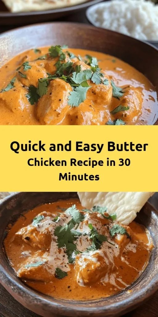 Create a delicious, cozy meal at home with this Quick & Easy Homemade Butter Chicken. In just 30 minutes, you'll enjoy tender, marinated chicken enveloped in a rich, creamy sauce infused with spices like garam masala and turmeric. Perfect for a weeknight dinner, serve it with steaming basmati rice or warm naan for an authentic experience. Garnish with fresh cilantro and savor the flavors of Indian cuisine without the fuss. Your family will love it!
