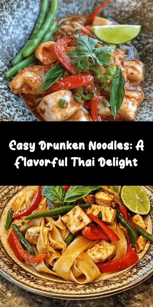 Indulge in a flavorful adventure with this Drunken Noodles Delight recipe! Perfect for a quick weeknight dinner, it combines wide rice noodles with vibrant vegetables, aromatic garlic, and your choice of chicken or tofu. Tossed in a delicious blend of soy and black sauces with a kick of chili, this dish is finished with fresh Thai basil and a splash of lime. Quick to make in just 30 minutes, it’s perfect for any Thai food lover! Enjoy a taste of Thailand at home!