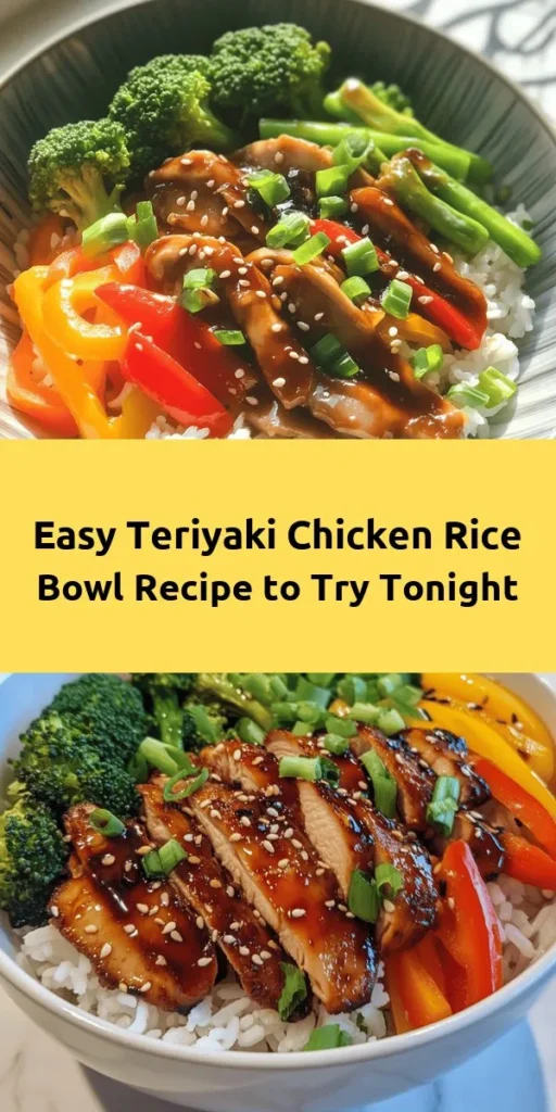 Enjoy a delicious Teriyaki Chicken Rice Bowl that's easy to make and bursting with flavor! Marinate tender chicken thighs in a savory blend of soy sauce, honey, garlic, and ginger, then grill them to perfection. Serve over fluffy jasmine rice, topped with vibrant steamed veggies like broccoli and bell peppers. Drizzle with thickened teriyaki sauce and garnish with green onions and sesame seeds. Perfect for a quick weeknight dinner or meal prep!