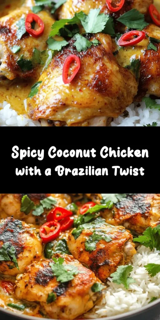 Discover the vibrant flavors of Brazil with this Spicy Brazilian Coconut Chicken recipe. Juicy chicken thighs marinated in zesty lime juice are simmered in a creamy coconut milk sauce, infused with fresh garlic, ginger, and a kick of chili. Serve it over fluffy rice or quinoa for a satisfying meal the whole family will love. Perfect for spice lovers, this dish balances heat and richness beautifully. Don't forget to garnish with fresh cilantro for that extra burst of flavor!