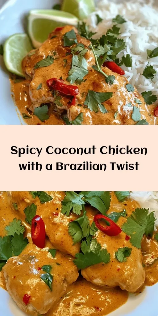 Discover the vibrant flavors of this Spicy Brazilian Coconut Chicken! Combining tender chicken thighs with rich coconut milk and a kick of fresh chili peppers, this dish is perfect for spice lovers. Marinate the chicken for a burst of flavor, then sauté with aromatic onions and garlic for a comforting meal. Serve it over rice with lime wedges and garnish with fresh cilantro for a tasty, tropical twist. Easy to make and sure to impress your family!