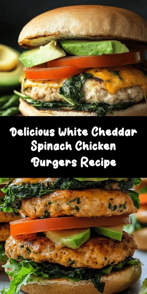 Create a delicious twist on your burger night with these White Cheddar and Spinach Chicken Burgers! Packed with wholesome ingredients like ground chicken, fresh spinach, and creamy white cheddar, these burgers are both healthy and flavorful. They're easy to make and perfect for a weeknight dinner or weekend barbecue. Serve them on whole wheat buns with crisp lettuce, juicy tomatoes, and optional avocado for extra creaminess. Enjoy a tasty meal that's sure to impress!