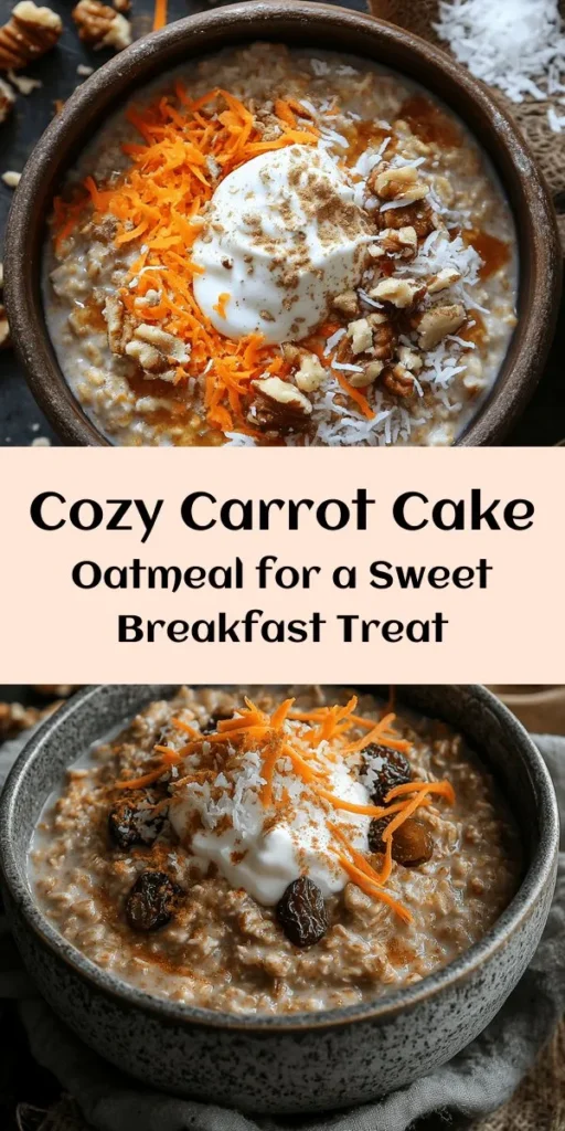 Start your day with a delicious twist on breakfast with this Carrot Cake Oatmeal Delight! Packed with rolled oats, grated carrots, and warm spices like cinnamon and nutmeg, this cozy dish is not only nutritious but also incredibly tasty. Customize it with walnuts, raisins, and a hint of maple syrup for sweetness. Top it off with cream cheese for an indulgent finish. Perfect for a quick and satisfying breakfast or snack!