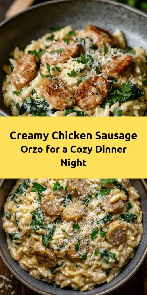 Indulge in this creamy chicken sausage orzo recipe that’s perfect for a comforting dinner! Made with tender chicken sausage, orzo pasta, and fresh spinach, this dish comes together in just 30 minutes. With rich flavors from garlic, Italian seasoning, and a touch of smoked paprika, it’s easy to whip up for any occasion. Finish with a sprinkle of Parmesan and fresh parsley for a delightful touch. Your family will love this hearty meal!