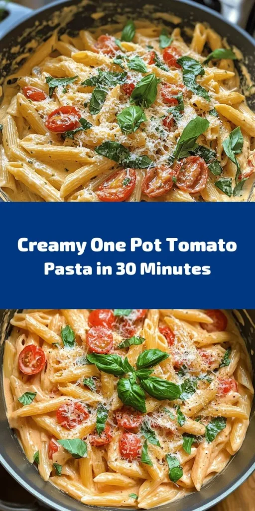 Discover the perfect weeknight meal with this Easy One Pot Creamy Tomato Pasta! This delicious dish brings together penne pasta, cherry tomatoes, and rich heavy cream for a comforting, flavorful dinner ready in just 30 minutes. With fresh garlic, herbs, and a sprinkle of Parmesan, it’s a crowd-pleaser for sure. Minimal cleanup, maximum flavor—ideal for busy evenings. Don’t forget to garnish with fresh basil for an irresistible touch!
