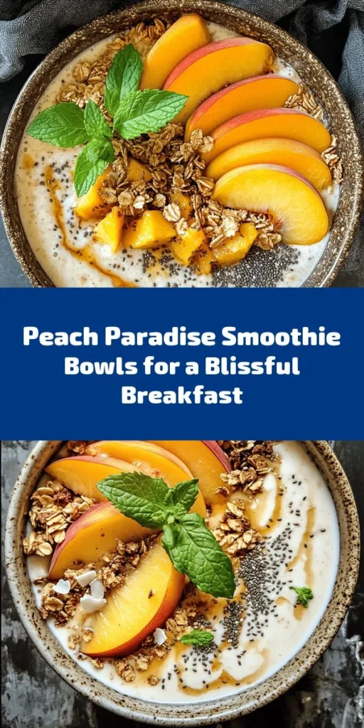 Dive into a bowl of bliss with this Peach Paradise Smoothie Bowl recipe! Perfect for breakfast or a refreshing snack, this vibrant smoothie is made with ripe peaches, banana, and creamy Greek yogurt blended to perfection. Top it off with fresh slices of peach, crunchy granola, chia seeds, and toasted coconut flakes for a delicious texture contrast. Ready in just 10 minutes, it's a delightful and nutritious way to start your day! Enjoy the burst of summer flavors!