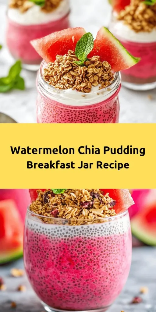 Start your day with a burst of freshness with this Watermelon Chia Pudding Breakfast Jar! Perfect for a quick and healthy breakfast, this recipe combines creamy almond milk and nutrient-rich chia seeds with refreshing watermelon. It's simple to make: blend, mix, refrigerate, and layer! Top with granola and mint for a delicious crunch. Ideal for meal prep, this delightful treat is not only nutritious but also a feast for the eyes. Enjoy it chilled and start your morning right!