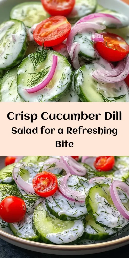 Discover the perfect summer side with this Refreshing Cucumber Dill Salad! Made with crisp cucumbers, creamy Greek yogurt, fresh dill, and a hint of lemon, it’s a delightful blend of flavors. Easy to prepare in just 10 minutes plus chilling time, this salad is ideal for barbecues or light lunches. Garnish with colorful cherry tomatoes for an extra touch. Serve chilled and enjoy a burst of freshness in every bite!