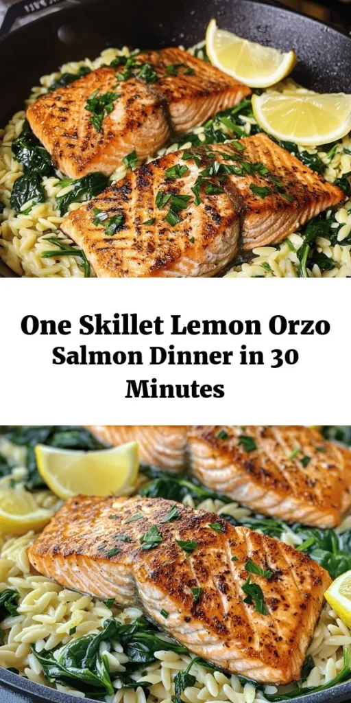 Enjoy a delicious and quick dinner with this One Skillet Salmon with Lemon Orzo recipe! Packed with flavor from sautéed onions, garlic, and fresh lemon, this dish combines tender salmon fillets and creamy orzo in just 30 minutes. Perfect for busy weeknights, it’s a complete meal with wholesome spinach and a sprinkle of fresh parsley. Serve it warm, and don’t forget the lemon wedges for an extra burst of freshness!
