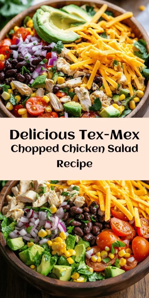 Looking for a fresh and flavorful meal? Try this Tex-Mex chopped chicken salad! It's packed with protein from tender chicken and black beans, plus fresh veggies like corn, avocado, and tomatoes. Tossed in a zesty lime and cumin dressing, it’s a vibrant dish that’s perfect for lunch or dinner. Top it off with crunchy tortilla strips for an added texture. Easy to make in just 30 minutes, this delicious salad serves 4-6 and is sure to impress!