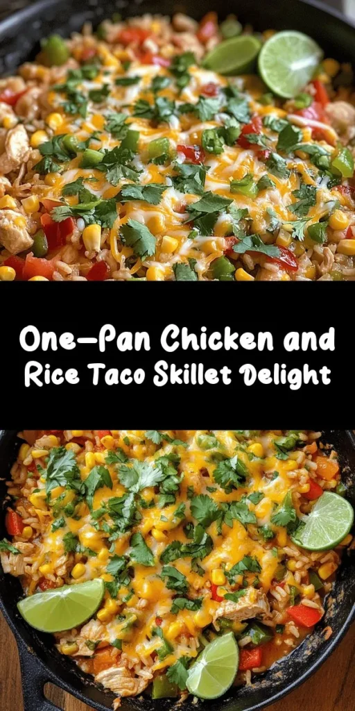 Make weeknight dinners a breeze with this delicious Chicken and Rice Taco Skillet! Packed with tender chicken, flavorful spices, and colorful veggies, this one-pan dish is a family favorite. It comes together in just 35 minutes and is perfect for busy evenings. Top it off with melted cheese, fresh cilantro, and your choice of sour cream and avocado for a tasty finish. Get ready for a dish that brings all the taco flavors to your table!