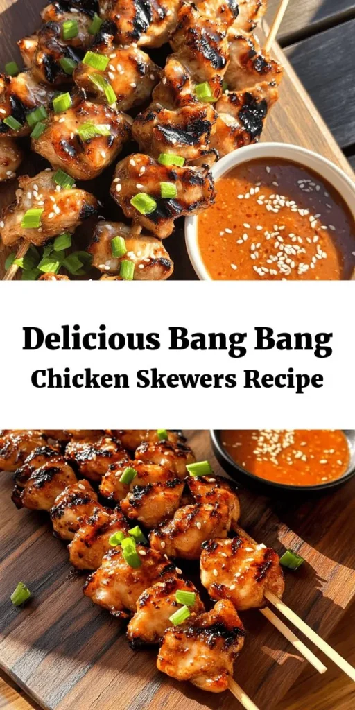 Get ready to impress with these Bang Bang Chicken Skewers! Juicy, marinated chicken thighs are grilled to perfection and paired with a creamy, spicy dipping sauce. This recipe is easy to follow and perfect for outdoor cookouts or family dinners. With a blend of soy sauce, honey, and sesame oil, you'll enjoy a burst of flavor in every bite. Ready in just an hour, these skewers are sure to be a crowd-pleaser. Try them today!