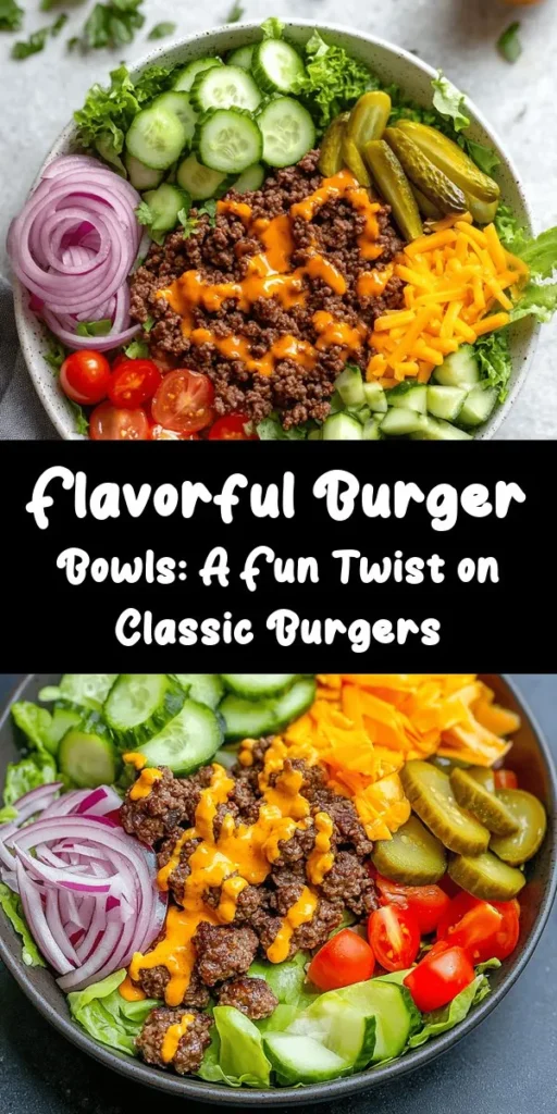 Enjoy a delicious twist on classic burgers with these Burger Bowls! Packed with flavor and fresh ingredients, this recipe features juicy beef patties seasoned with garlic, onion, and smoked paprika over a vibrant bed of romaine lettuce. Topped with cherry tomatoes, cucumbers, red onion, shredded cheddar, pickles, and creamy avocado, it’s a hearty yet healthy meal perfect for any night. Drizzle with burger sauce and olive oil for a tasty finish. Simple to make and ready in just 30 minutes!