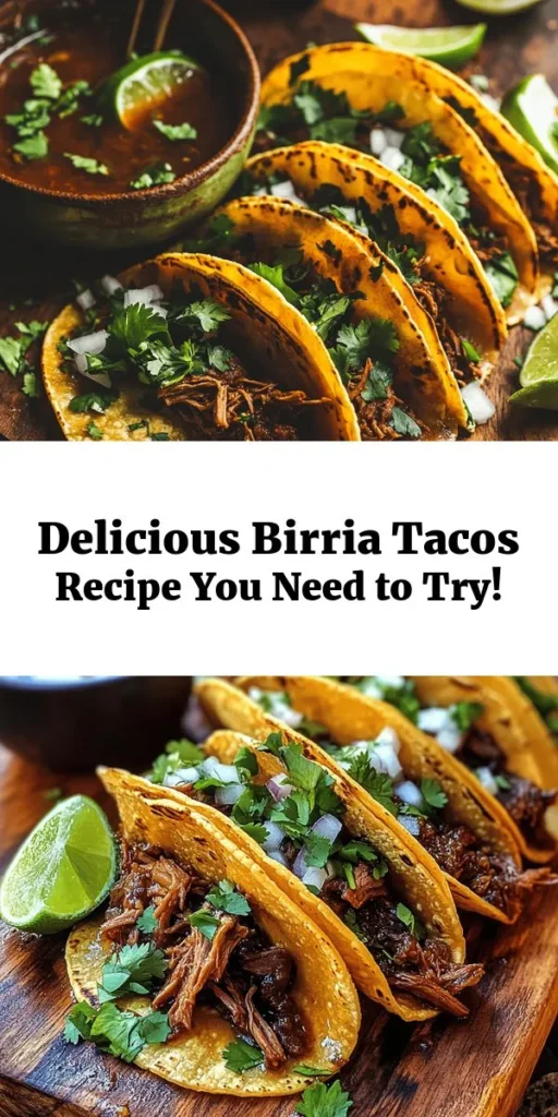 Indulge in delicious Birria Tacos with this simple recipe that brings the rich flavors of Mexico to your kitchen. Using tender beef chuck roast and shank simmered with a blend of guajillo and ancho chiles, this dish is packed with authentic taste. Top your warm corn tortillas with shredded meat and serve with fresh cilantro, diced onions, lime wedges, and radishes. Perfect for gatherings, these tacos are sure to impress everyone at the table!
