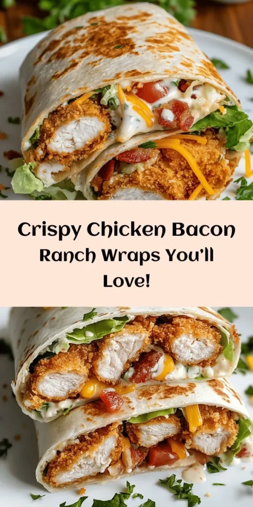 Looking for a delicious and satisfying meal? Try this Crispy Chicken Bacon Ranch Wrap! With tender fried chicken, crispy bacon, and fresh veggies all wrapped in a soft tortilla, it's a flavor explosion in every bite. Perfect for lunch or a quick dinner, this easy recipe features simple ingredients like buttermilk, ranch dressing, and panko breadcrumbs for that perfect crunch. Serve it with extra ranch for dipping and enjoy a tasty treat everyone will love!