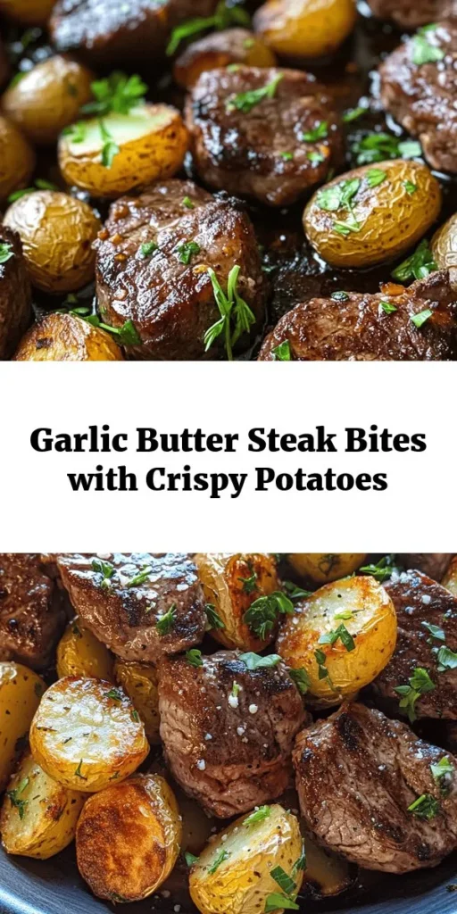 Indulge in these mouthwatering Sizzling Garlic Butter Steak Bites & Potatoes! Juicy sirloin steak cubes seared to perfection are paired with golden, roasted baby potatoes and tossed in a fragrant garlic butter sauce. This delightful dish is a great way to impress at dinner with minimal effort. Perfect for any occasion, it takes just 50 minutes to prepare and serves four. Add a sprinkle of fresh parsley for the finishing touch!